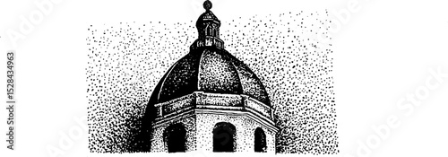 Architectural dome stippling ink art - intricate black and white design for decor