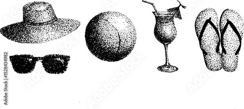 Summer essentials set with stippling ink art featuring hat, ball, cocktail, and flip-flops