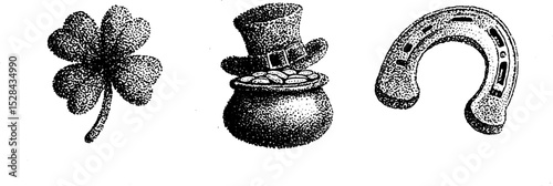 Stippling ink art collection: clover, leprechaun hat, pot of gold, horseshoe - detailed ink drawings for st. patrick's day design