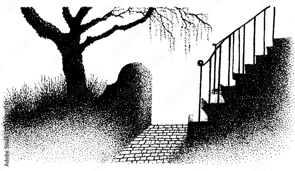 Hyper detailed stippling ink set illustration featuring tree, staircase, and pathway