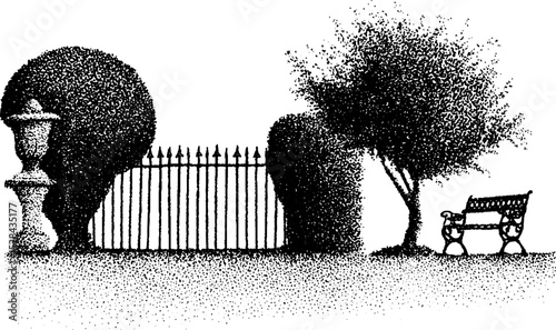 Intricate stippling ink scene featuring park bench and ornamental garden landscape