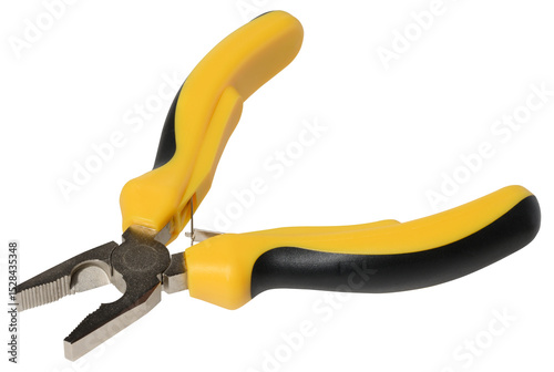 Pair of yellow and black long nose pliers, an essential hand tool, isolated background photo