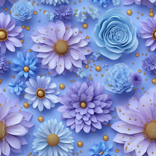 Seamless 3D rendering pattern of various light blue and purple flowers with gold accents and scattered golden spheres on a pastel background