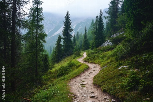 Narrow trail in alpine forest slope