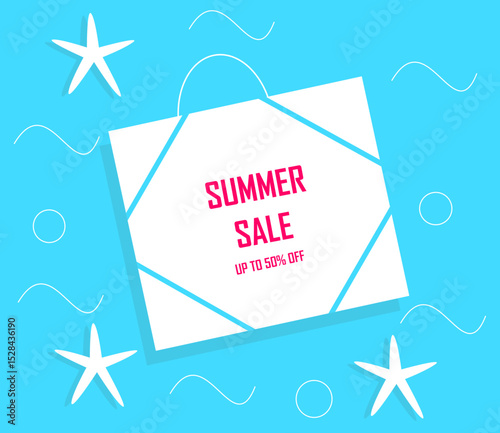 Colorful summer sales banner with starfish, package and the inscription "Summer Sale. Up to 50% off"
