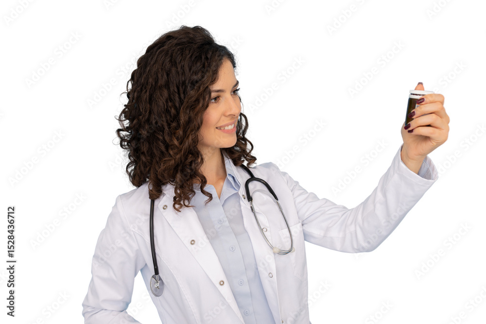 Female doctor wearing lab coat and stethoscope holding a medicine bottle, smiling on a transparent background Female doctor wearing lab coat and stethoscope holding a medicine bottle, smiling on a transparent background