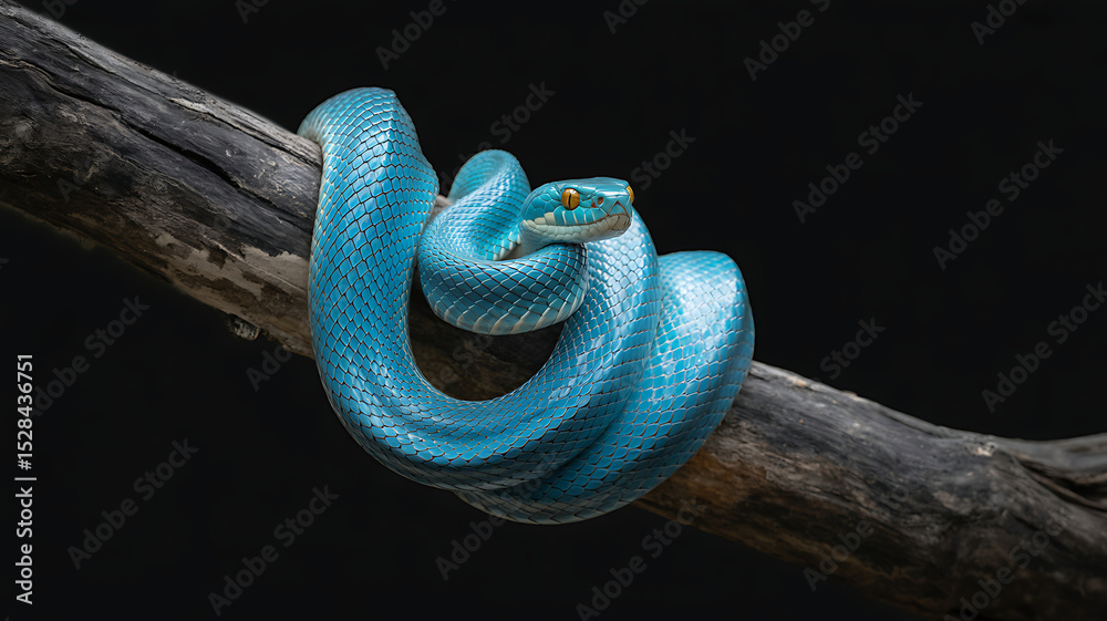 Obraz premium Vibrant Blue Insularis Pit Viper on Dark Wood Branch