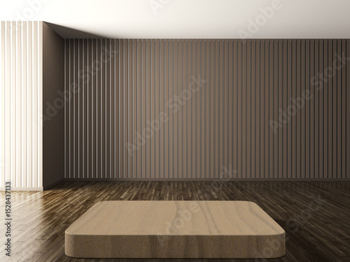 Wallpaper Mural Empty rounded wooden podium in minimalist room with striped wall Torontodigital.ca