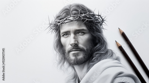 Minimalist pencil sketch of Jesus Christ on a white background, with soft shading and copy space on the right side. Serene expression, crown of thorns, traditional robe. jesus chri