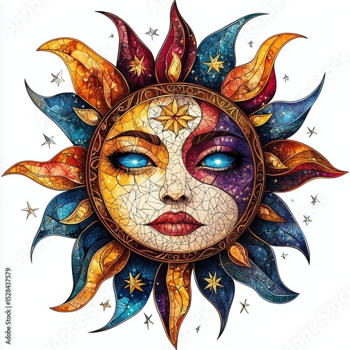 A captivating stained glass sun with a woman's face, featuring intricate details, vibrant colors, and celestial elements like stars. The eyes glow with an ethereal blue.