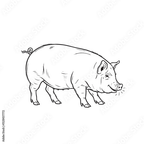 A simple line drawing depicts a pig, showcasing its rounded body, short legs, and curled tail. The style is clean and minimalistic, suitable for various uses.