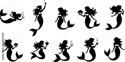 Mermaid Silhouette Vector Illustration set
