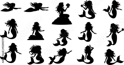 Mermaid Silhouette Vector Illustration set
