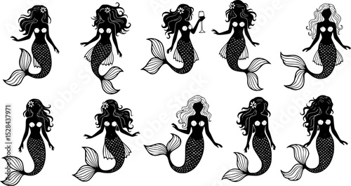Mermaid Silhouette Vector Illustration set
