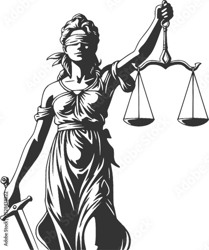 Blindfolded Lady Justice with Scales and Sword Illustration, Lady Justice Illustrations Silhouettes and Line Art, Lady Justice Illustrations Silhouette