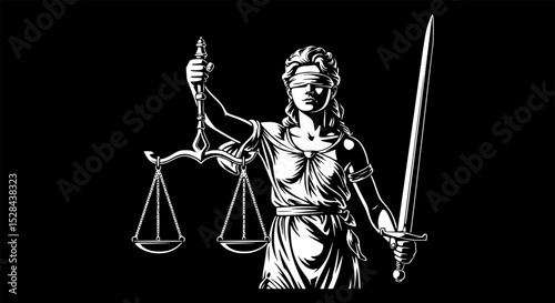 Blindfolded Lady Justice with Scales and Sword Illustration, Lady Justice Illustrations Silhouettes and Line Art, Lady Justice Illustrations Silhouette