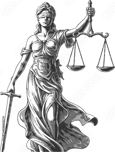 Blindfolded Lady Justice with Scales and Sword Illustration, Lady Justice Illustrations Silhouettes and Line Art, Lady Justice Illustrations Silhouette