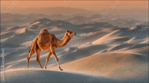 Fototapeta Naklejka Na Ścianę i Meble -  Camel walking on sand dunes at sunset