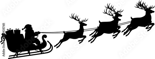 Santa Claus is flying in sleigh with Christmas reindeer silhouettes