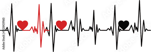 heart bit line set vector silhouettes Heart Rate Monitor Waveforms with Red and Black Hearts, Heart Rate Monitor Waveforms with Heart Icons, Heart Rate Monitor with Different Heart Icons