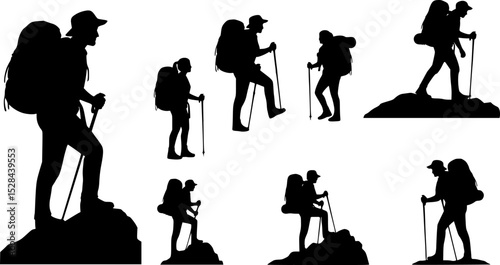 backpacker vector silhouettes, Male and female hiker with backpack, Climber hiker backpacker silhouette