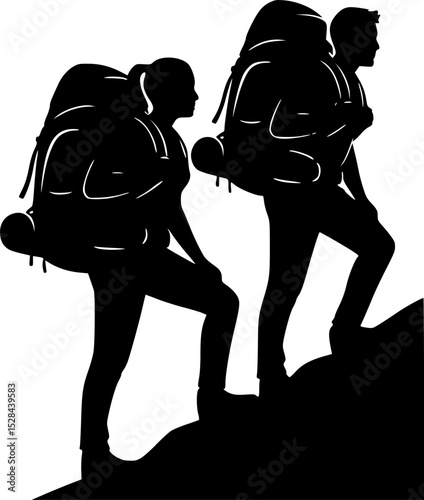 backpacker vector silhouettes, Male and female hiker with backpack, Climber hiker backpacker silhouette