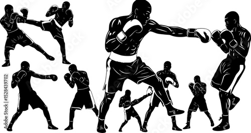 set of black boxer, kickboxing kick boxer boxing men, boxer throwing a punch silhouettes