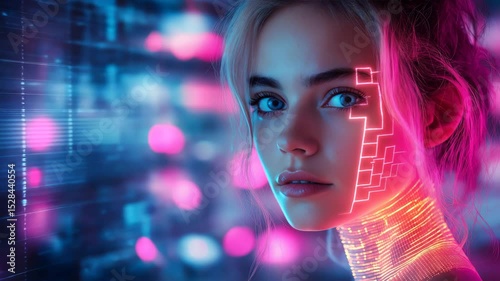  Futuristic caucasian woman with glowing holographic grid moving on face in vibrant violet and blue hues, for tech ads, cyberpunk intros, digital identity topics, with copy space on right, animated 