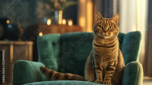 Calm tabby cat sitting on green armchair in warm living room light, with visible slow breathing movement, cozy domestic video for relaxation channels, pet care content, and interior design visuals