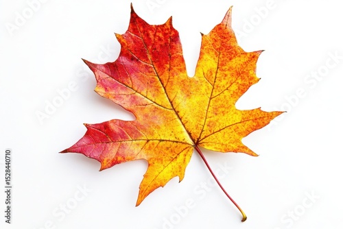 Colorful maple leaf placed against a white background, highlighting fall’s vibrant transformation. Generated AI
