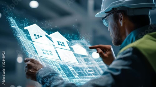  Bearded construction worker in helmet interacting with holographic blueprint where futuristic houses appear one by one, in cool industrial tones, with copy space on right, video for real estate tech