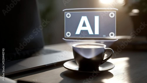 AI hologram appearing above coffee cup on desk in morning light, modern office setting in neutral warm tones, tech video for AI startups, productivity platforms, and business blogs, with copy space on