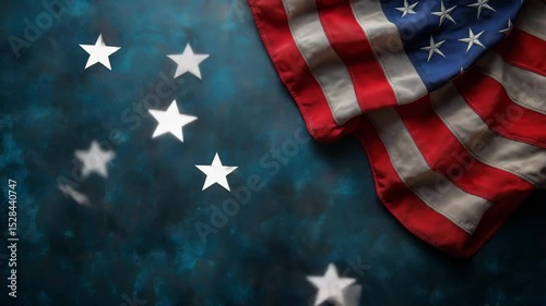 American flag waving with animated stars moving in textured navy blue background, patriotic motion video for Memorial Day, election campaigns, and national holiday visuals, with copy space on left, hi