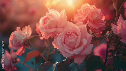 Close-up of pink roses in a garden with warm sunlight, soft focus, and romantic mood