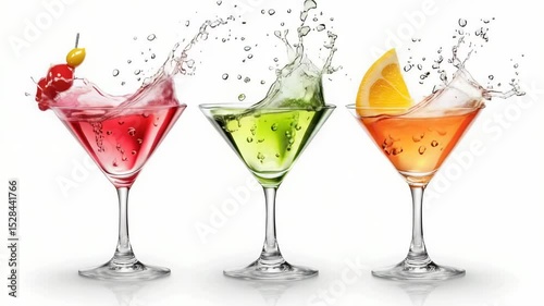 Colorful cocktails splashing in martini glasses on a white background