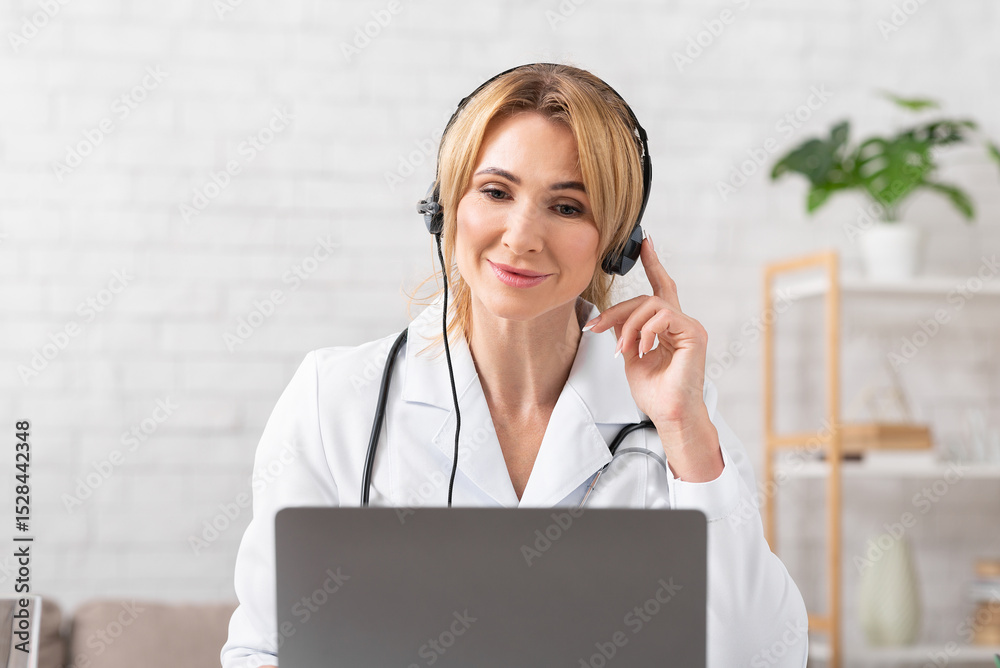 Medical complaints. Smiling female doctor holds headphones on head and looks in laptop in office interior Medical complaints. Smiling female doctor holds headphones on head and looks in laptop in office interior