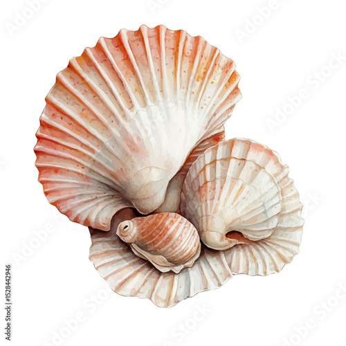 A Mother Scallop With Her Kid, watercolor clipart vector, high quality, isolated on a white background.