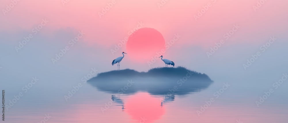 Obraz premium Tranquil Island Scene with Two Cranes and Rising Red Sun