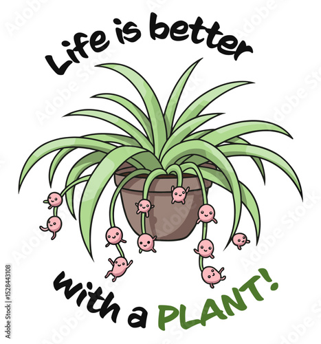 Happy Spider Plant Babies 'Life is Better with a Plant' Text Sticker