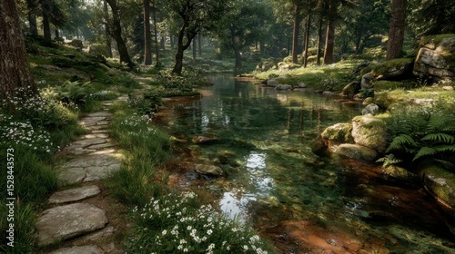 Serene Forest Stream with Stone Path and Wildflowers