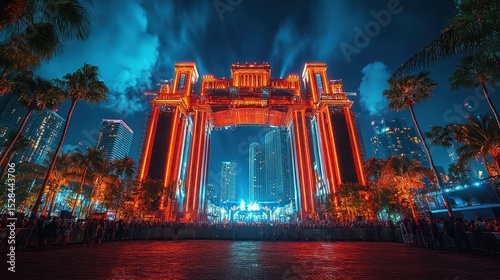 Illuminated archway at night, festival atmosphere.  Large crowd, palm trees, vibrant lights