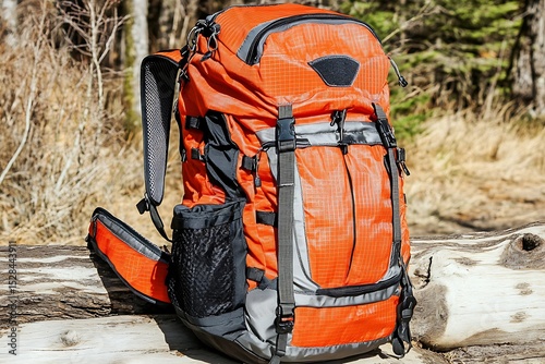 Vibrant orange trekking pack resting in a wilderness environment setting