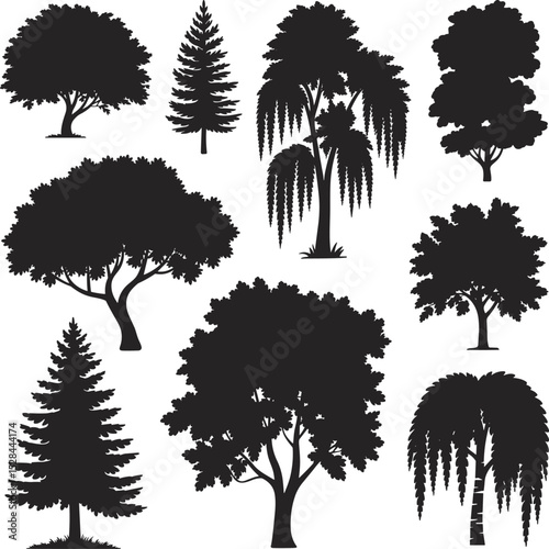 Tree Silhouette Illustration Set: Various Tree Types for Nature, Landscape, and Garden Design