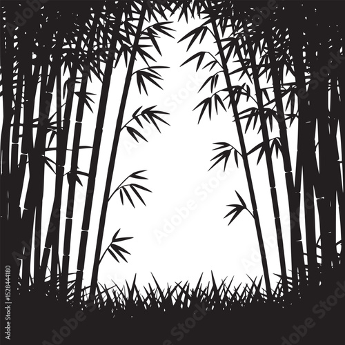 Silhouette illustration of a bamboo forest with tall stalks and leaves against a light background