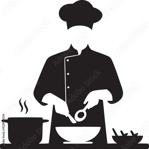 Chef preparing food in a bowl with a spoon next to a pot and another bowl on a table surface