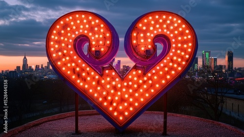 Illuminated heart-shaped sign overlooking city