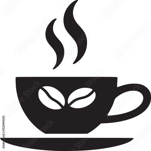 Black and white illustration of a coffee cup with steam and coffee beans on a saucer design
