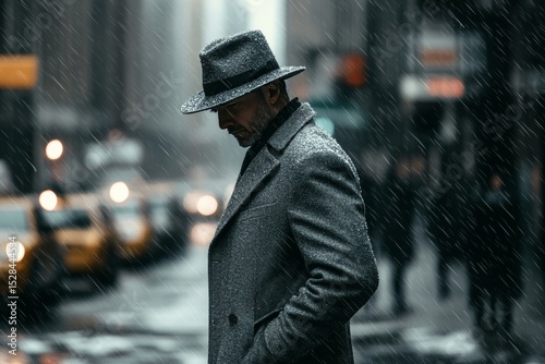 A man in a grey coat and hat stands under rain on a bustling city street in a vibrant urban setting