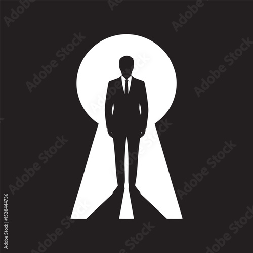 Silhouette of a man in a suit standing in a keyhole shaped light against a black background art