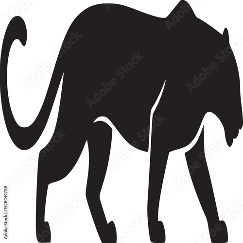 A silhouette of a panther walking on a light background with its tail curled and its body in motion